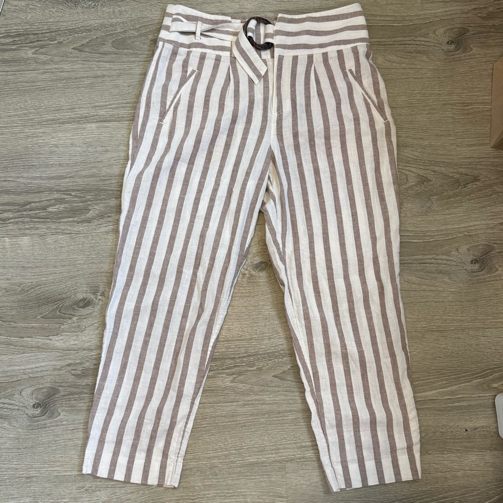 Anthropologie Striped Linen-Blend Pants in White and Taupe